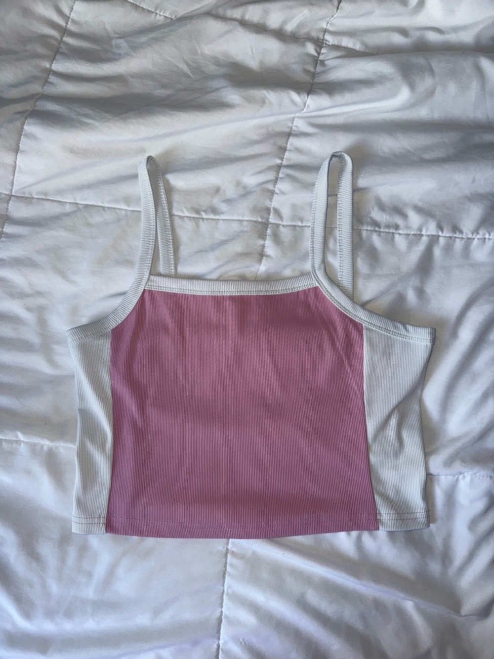 SHEIN Pink and White Ribbed Colorblock Cropped Cami